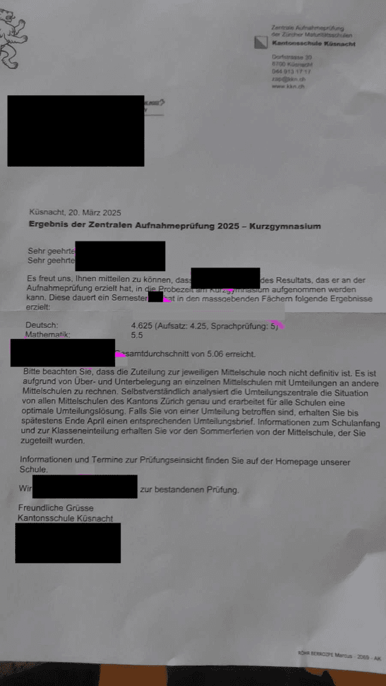 Ergebnisbrief der Zentralen Aufnahmeprüfung: bestanden (1 von 4)