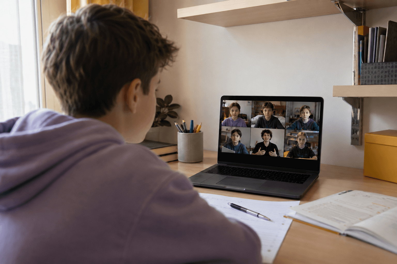 Ein Schüler folgt einem Live-Call mit sechs weiteren Teilnehmenden am Laptop