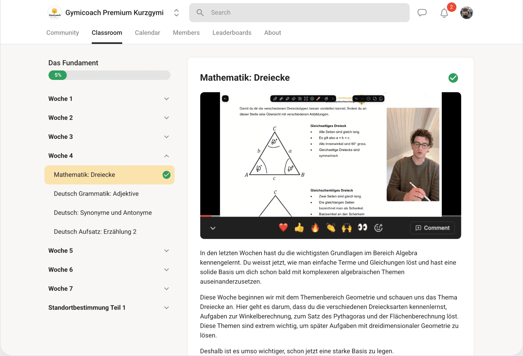 Die Gymicoach-Lernplattform mit dem Wochenprogramm und einem Erklärvideo
